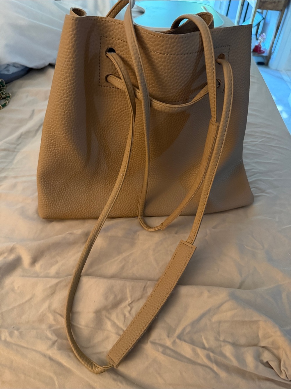 8 Other Reasons Pebbled Drawstring Tote in Tan